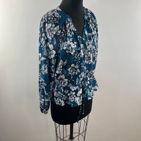 PARKER Blue White Top Floral Puff Sleeve Pleated Drawstring Split Neck Size XS - Picture 5 of 10